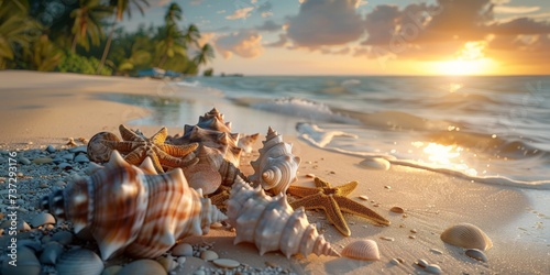 Landscape of a beach with shells, conches, coral and starfish on the shore and palm trees with sunset in the background. Summer wallpaper. photo