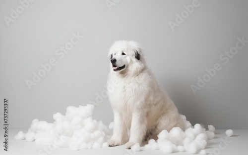 happy dog after washing, soapy, covered in airy foam, on a light blue background, space for text, minimalism 