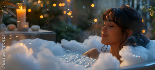 A woman enjoys moments of relaxation immersed in a hot tub in a peaceful setting. Woman in bathtub with candles beside her, softly lighting the room. photo