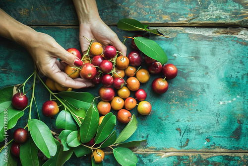 Hands delicately arranging fresh camu camu berries on a rustic wooden surface. photo