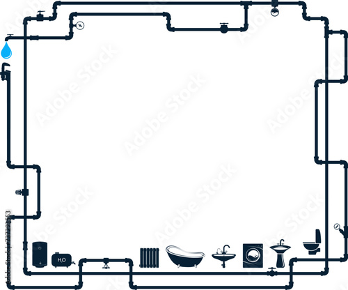 Water supply pipe system with plumbing fixtures, banner frame for plumbing repairs