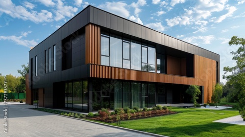 Luxury Minimalist Cubic House with Wooden Cladding and Black Panel Walls, Enhanced by Thoughtful Landscaping Design in the Front Yard, Exuding Sophisticated Residential Exterior