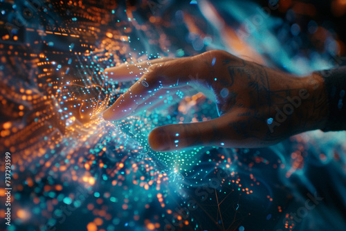 human hand touching a holographic interface with intricate data streams and digital particles, set in a dimly lit room, representing the intersection of human touch and technological innovation