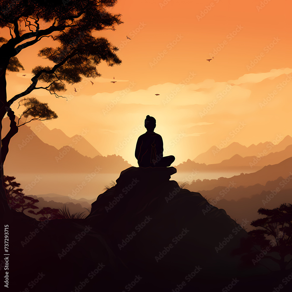 Silhouette of a person meditating on a hill at sunset