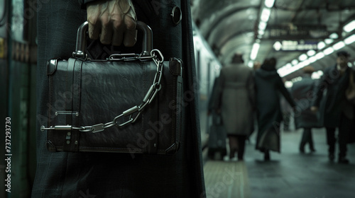 closed, unmarked briefcase, handcuffed to the wrist of a person in a dark coat, standing in a crowded train station, with people passing by unaware