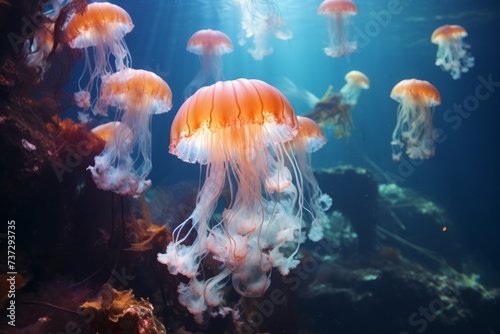 Enchanting sea jellyfish in a serene underwater display © KerXing