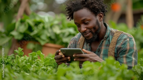African farmer with digital tablet working on organic agriculture and growth sustainability on the field.