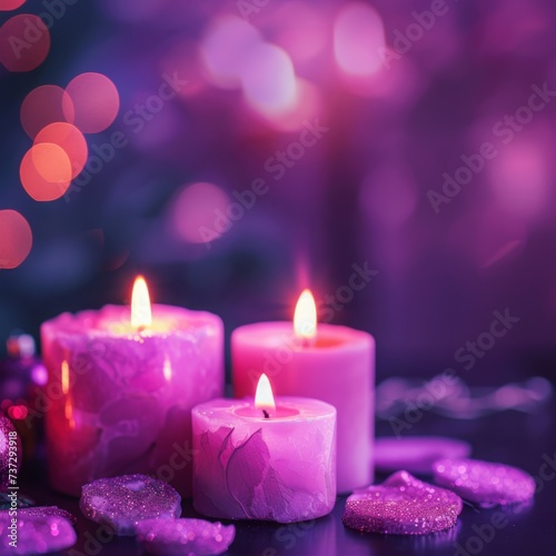 Elegant flaming pink aroma candles glow amidst the darkness against a mesmerizing blurred purple backdrop  adorned with enchanting bokeh lights. An ideal banner for conveying warmth and relaxation