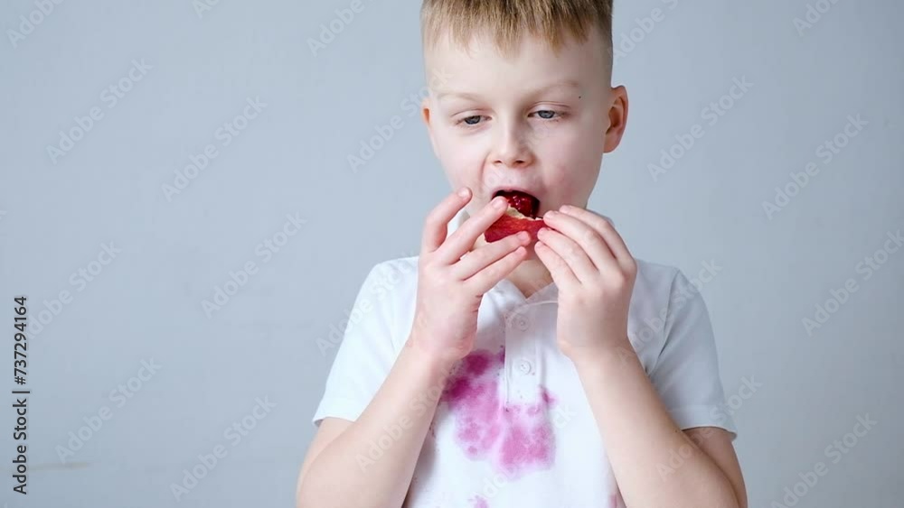 Portrait of a child eating a fresh pomegranate with his hands. concept of dirty stains on clothes Portrait of a child eating a fresh pomegranate with his hands. concept of dirty stains on clothes