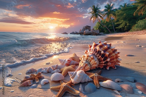 Landscape of a beach with shells, conches, coral and starfish on the shore and palm trees with sunset in the background. Summer wallpaper.