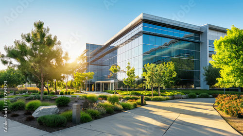 modern office building, bathed in the golden light of early morning, surrounded by meticulously landscaped gardens