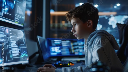 In online IT school, kids learn to code, create program codes on the computer. Boy studying game development, robotics technology, creating computer programs online.