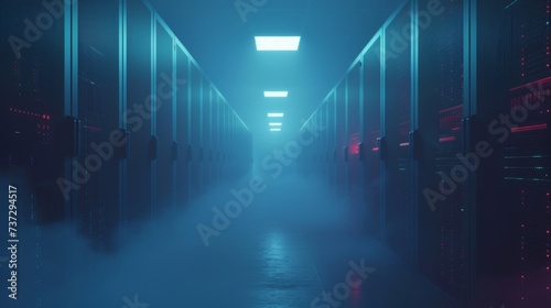 Network connection and information exchange lights glow in the dark. Abstract digital warehouse. Cloud computing technology server room. Server farm communications with internet.