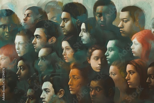 Painting of a Group of Peoples Heads, concept o a group of individuals conforming to a majority opinion or social norm - Generative ai