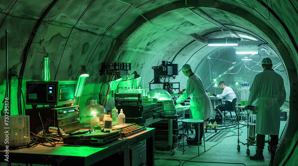 underground laboratory, with state-of-the-art equipment, glowing in soft green hues, with scientists in lab coats working on a secret project