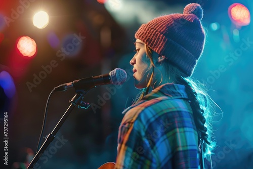 A young singer on a stage s...
