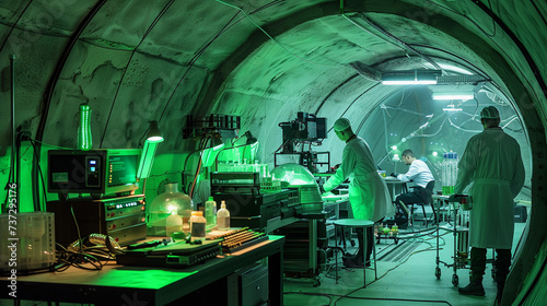 underground laboratory  with state-of-the-art equipment  glowing in soft green hues  with scientists in lab coats working on a secret project