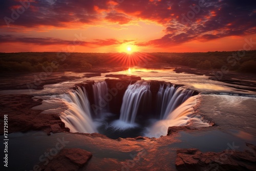 Sunset over a serene  heart-shaped waterfall