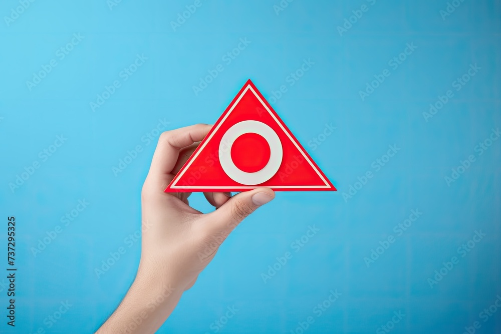 Holding hand alert sign on blue background, system warning error pop up ...
