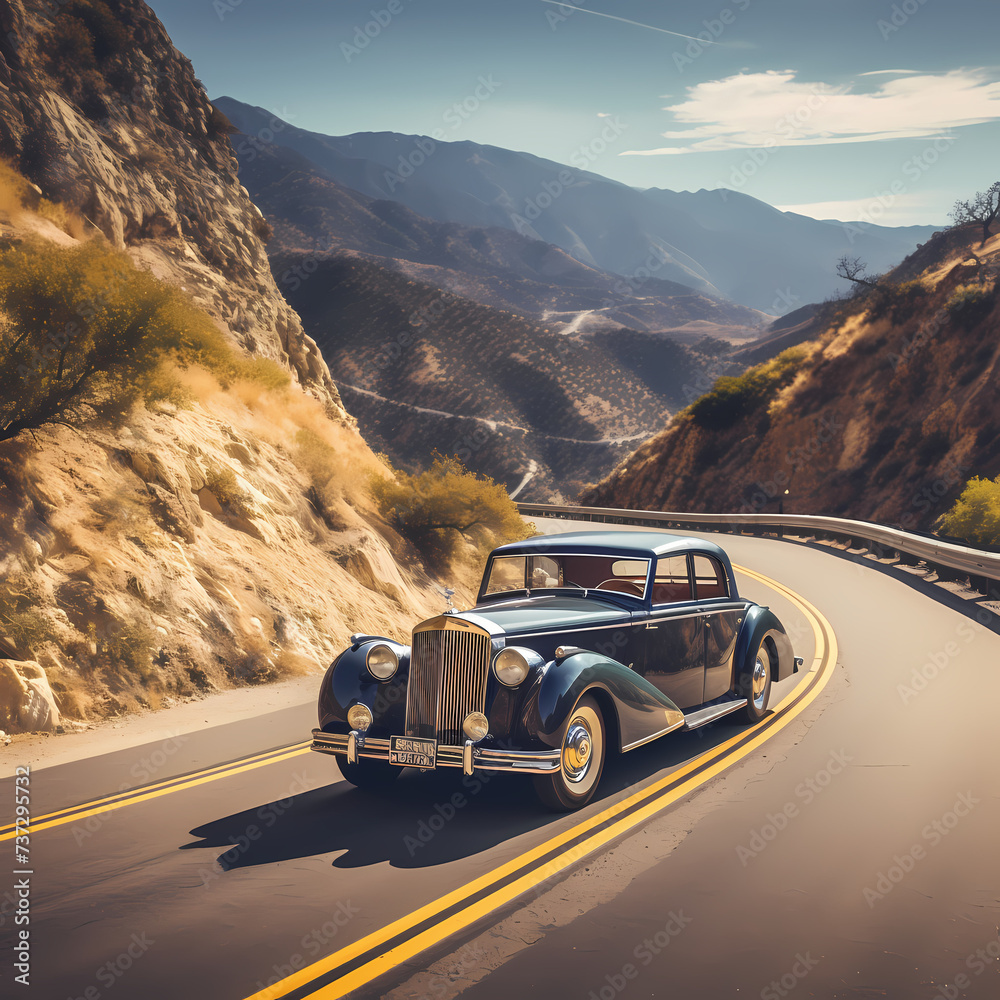 Vintage car driving on a winding road through the mountains