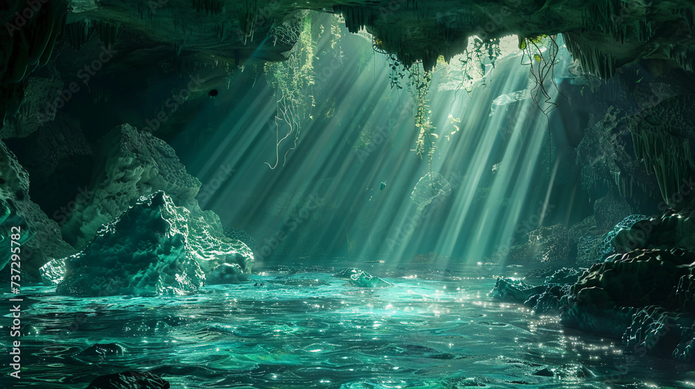 secret ocean cave, bioluminescent algae on cave walls, clear turquoise water, details of marine life, sunbeams penetrating the water - obrazy, fototapety, plakaty 