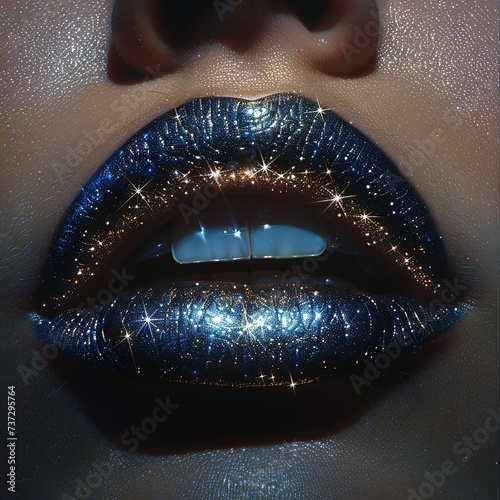 Blue shinny diamond lips of women close up.