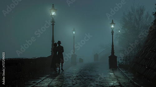secret rendezvous on a foggy bridge at night, detailed characters in vintage clothing, lamp posts casting soft light, fog swirling around, reflective wet cobblestones