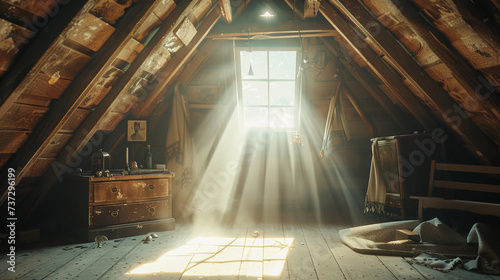 secret attic room, nostalgic memorabilia, rays of light through a small window, dusty atmosphere, detailed textures of old wooden floorboards and trinkets photo