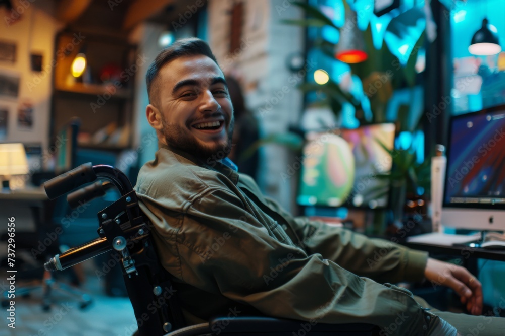 Diverse Office: Smiling Man in Wheelchair Working with Pride. Inclusivity in Workplace and Disability Employment. Diverse Office: Smiling Man in Wheelchair Working with Pride. Inclusivity in Workplace and Disability Employment.