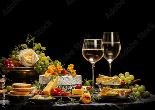 Cheese platter with grapes and wine on a black background