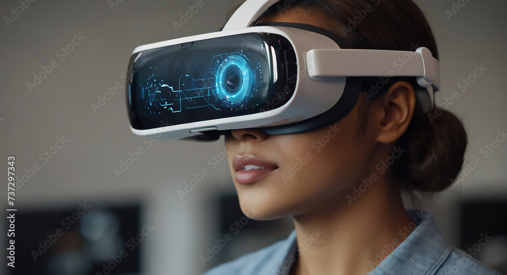 Woman using VR glass, futuristic concept of modern technology, background template. 