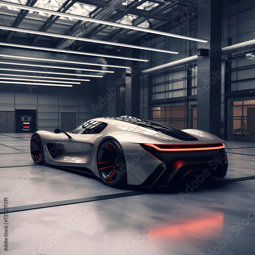 A futuristic sports car in a sleek modern garage. © Cao