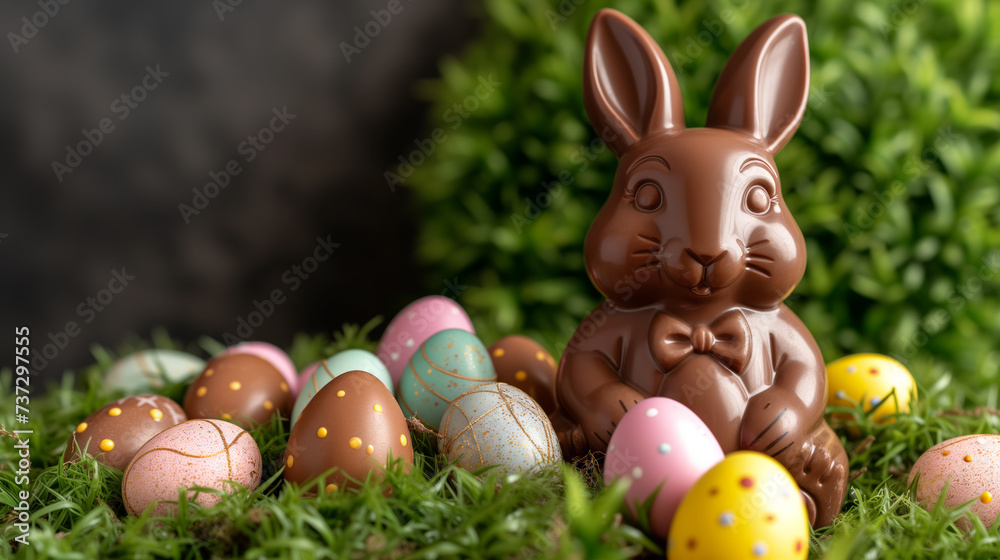A chocolate bunny surrounded by colorful Easter eggs on a grassy surface, with a lush green backdrop, symbolizing the festive holiday. Ai generative - obrazy, fototapety, plakaty 
