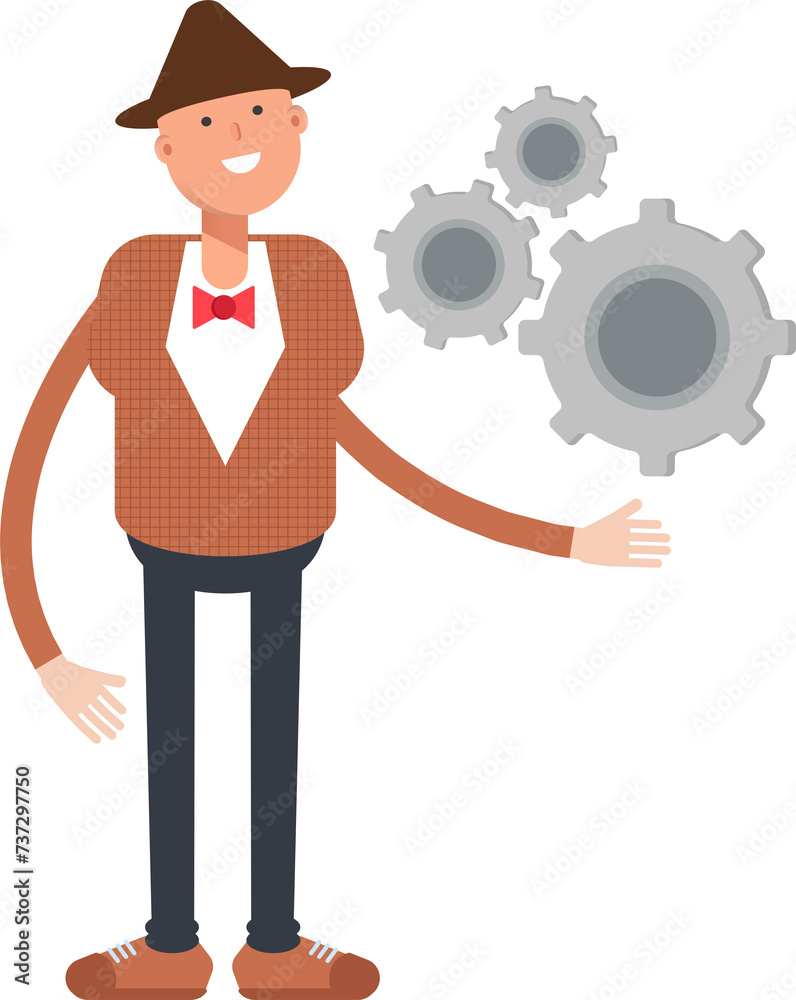 Man with Hat Character Holding Gears
