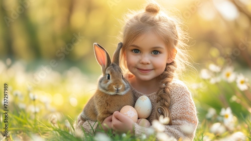 A child holding a bunny and decorated eggs in a sunny, flower-filled setting, symbolizing Easter celebration. Ai generative © ImageFlow