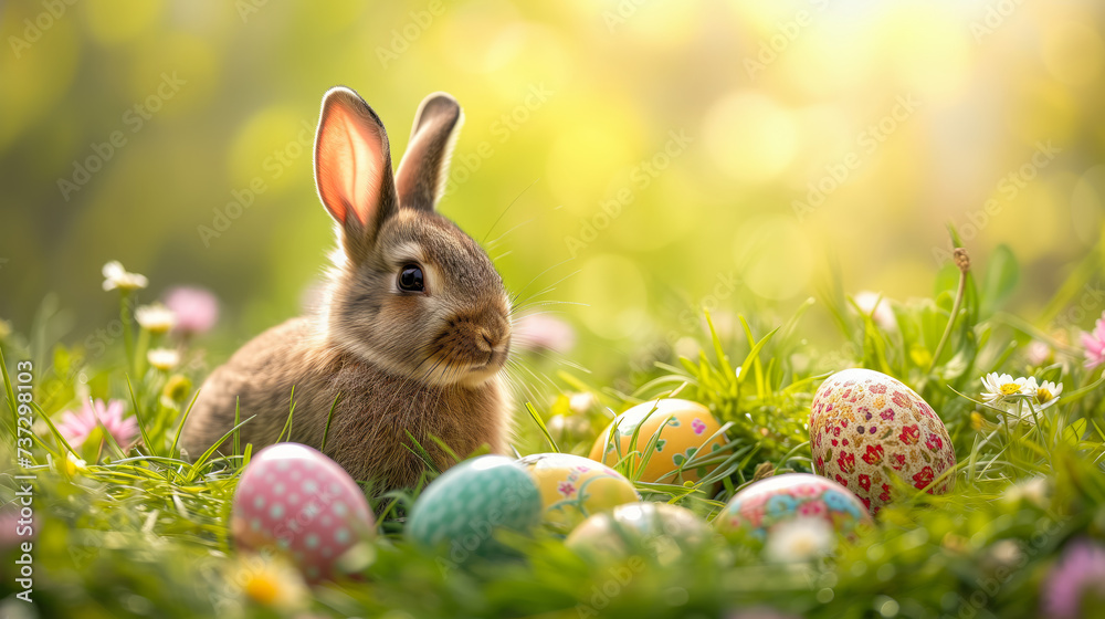 A bunny sits amid colourful Easter eggs nestled in grass with spring flowers, symbolizing Easter holiday celebrations. Ai generative A bunny sits amid colourful Easter eggs nestled in grass with spring flowers, symbolizing Easter holiday celebrations. Ai generative