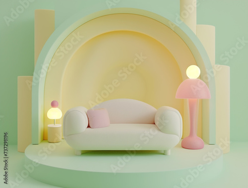 A white couch is placed in a circle background wall  in the style of cute cartoon designs. Pastel color decoration. 