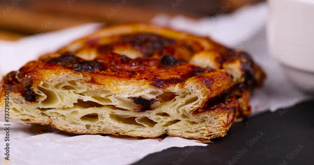 puff pastry with caramel for tea, sweet delicious puff pastry with chocolate pieces in caramel for morning tea puff pastry with caramel for tea, sweet delicious puff pastry with chocolate pieces in caramel for morning tea