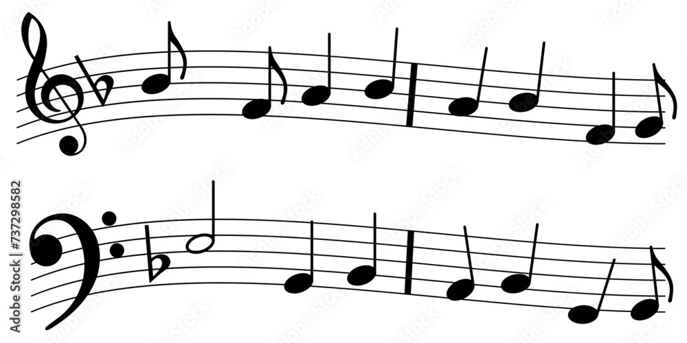 Music notes on a stave with both Treble and Bass Clefs Music notes on a stave with both Treble and Bass Clefs
