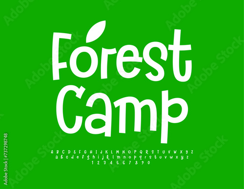 Vector eco template Forest Camp.   Funny Calligraphic Font. Modern White Alphabet Letters und Numbers.