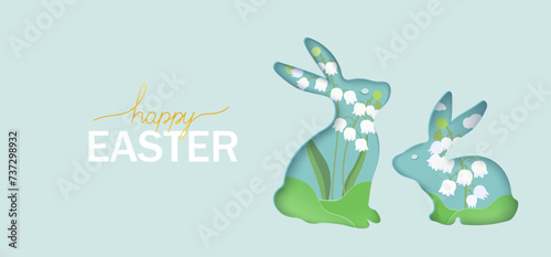 Rabbits in digital craft style with bell flowers. Gentle banner for Easter day. Vector illustration.	