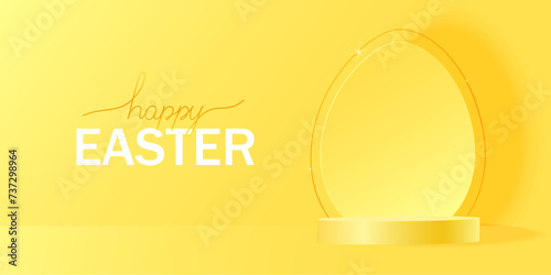Happy Easter greeting banner. Yellow egg with gold frame and podium on yellow background. Vector illustration.