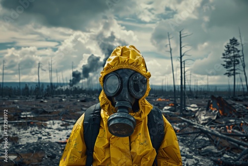 Person with a yellow anti radioactive chemical suit and a gas mask after a nuclear war with a devastated landscape.