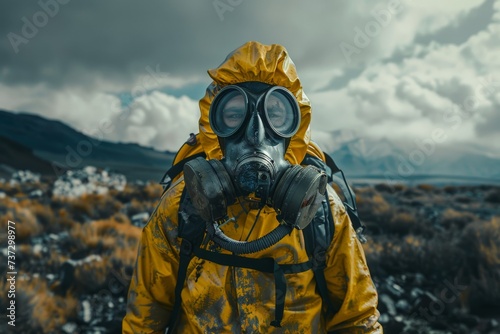 Person with a yellow anti radioactive chemical suit and a gas mask after a nuclear war with a devastated landscape.