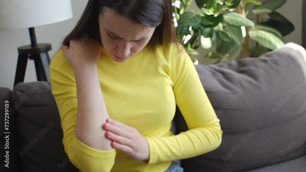 Dermatology concept. Unhappy young woman with allergic reaction from ...