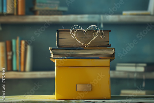 a stack of books on top of a yellow box and a heart d photo