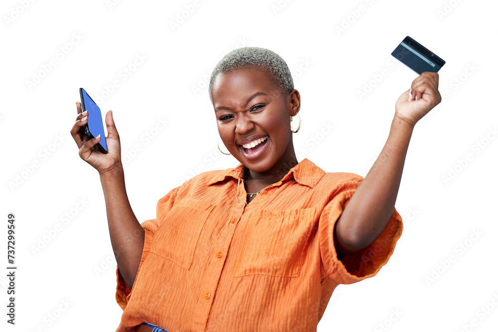 Woman, phone and portrait with credit card for success of online shopping, ecommerce or excited for fintech. Black person, customer or internet banking for sale isolated on png transparent background - obrazy, fototapety, plakaty 