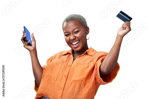 Woman, phone and portrait with credit card for success of online shopping, ecommerce or excited for fintech. Black person, customer or internet banking for sale isolated on png transparent background photo