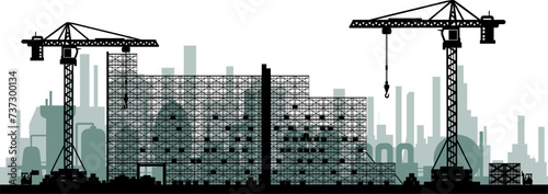 Vektor Silhouetten Bauindustrie - Gebäude Halle Baustelle mit Baukran und Gabelstapler - Bau Projekt Silhouetten Stadt und Industrie