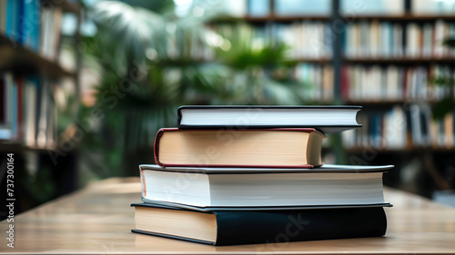 Stack of books on a table in a library, blurred bookshelves in the background representing knowledge, education, literature and learning.